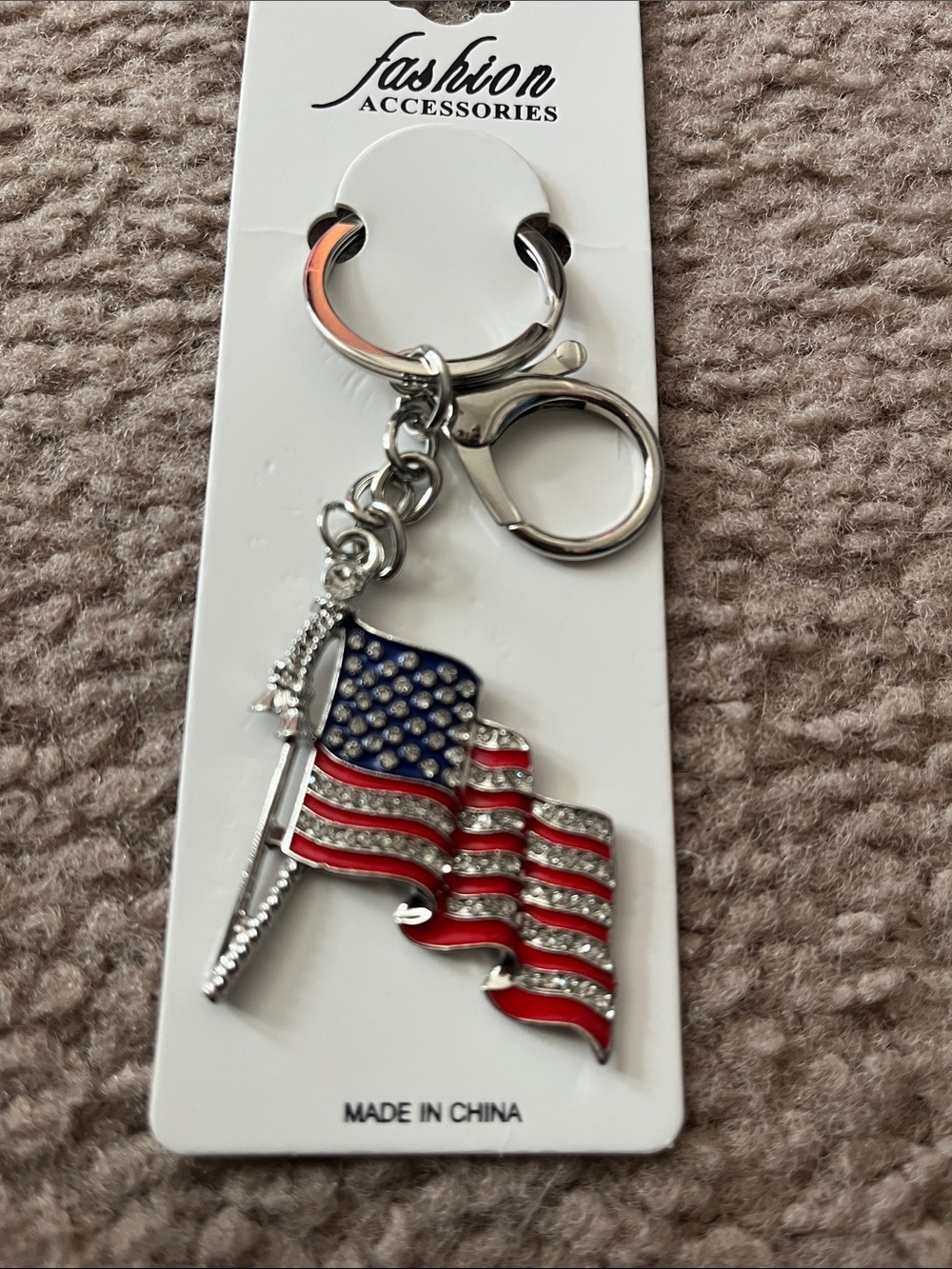 Rhinestone American Flag Keychain - Silver, Red, Blue - Picture 2 of 2